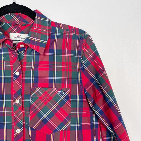 Vineyard Vines Womens 0 Red Green Merry Plaid Chilmark Relaxed Button Down Shirt - Picture 3 of 8